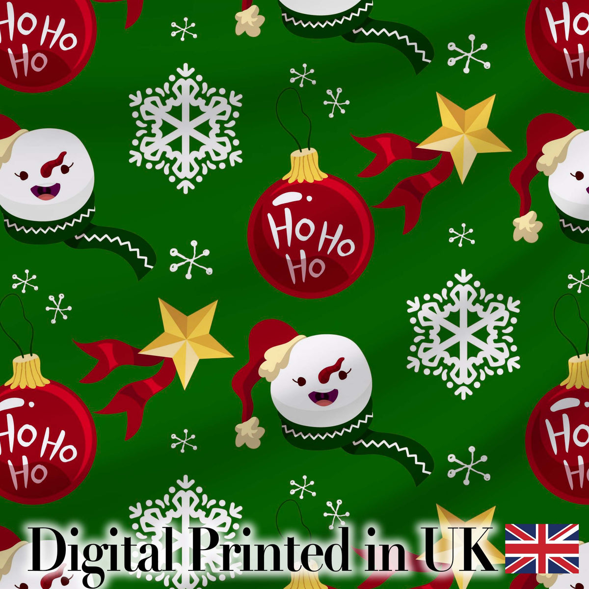 Cute Snowman Ornament Star Snowflake Seamless Pattern Digital Print Fabric by the Metre UK Sewing Quilting Textile Winter Christmas Fun