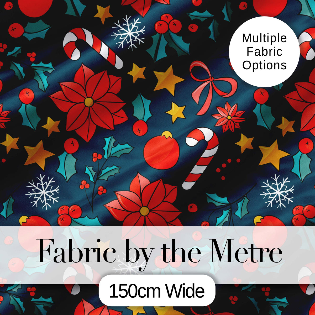 Cute Poinsettia Candy Cane Star Seamless Pattern Digital Print Fabric by the Metre UK Sewing Quilting Textile Festive Floral Holiday