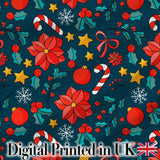 Cute Poinsettia Candy Cane Star Seamless Pattern Digital Print Fabric by the Metre UK Sewing Quilting Textile Festive Floral Holiday