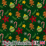 Cute Gingerbread Candy Cane Bauble Flower Seamless Pattern Digital Print Fabric by the Metre UK Sewing Quilting Textile Xmas Fabric Design