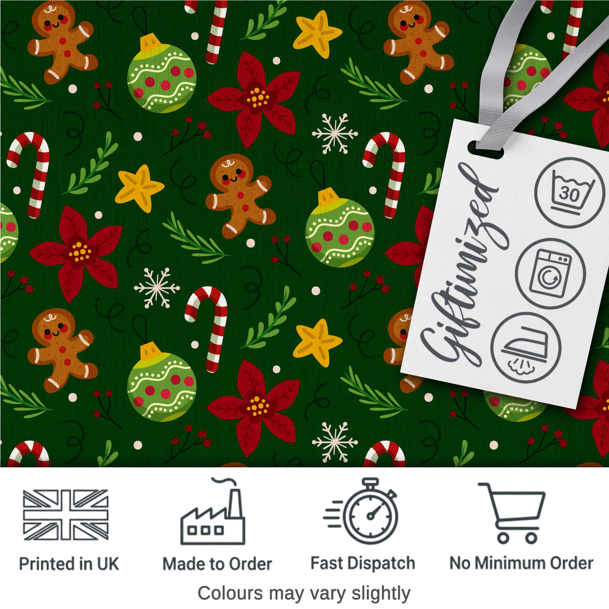 Cute Gingerbread Candy Cane Bauble Flower Seamless Pattern Digital Print Fabric by the Metre UK Sewing Quilting Textile Xmas Fabric Design