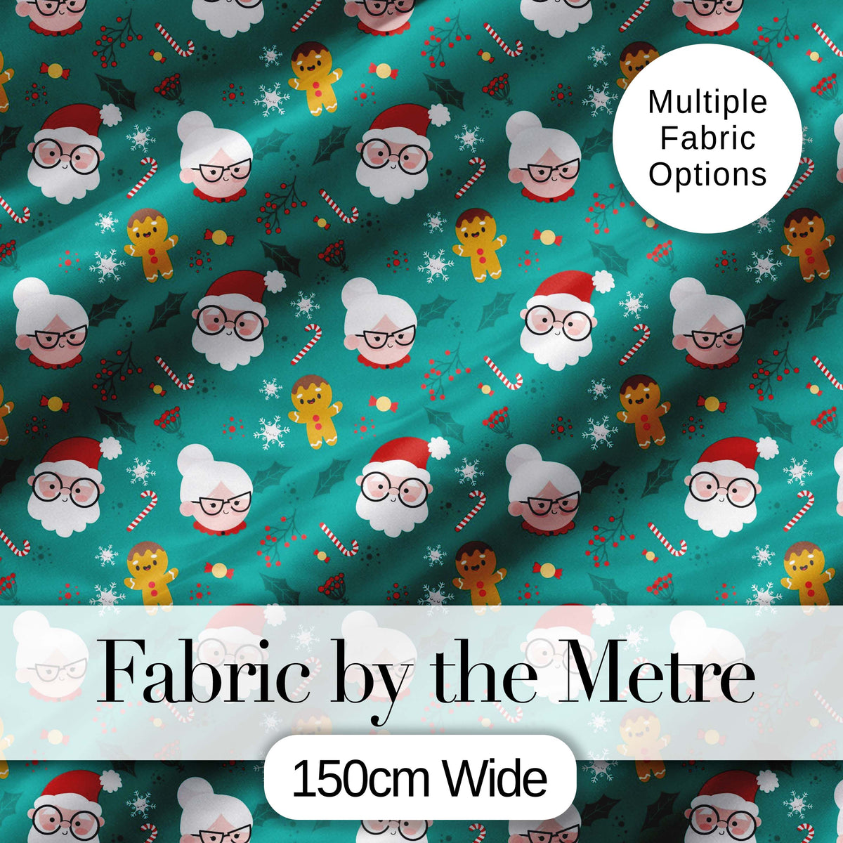 Cute Santa Mrs Claus Gingerbread Seamless Pattern Digital Print Fabric by the Metre UK Sewing Quilting Textile Christmas Family Design