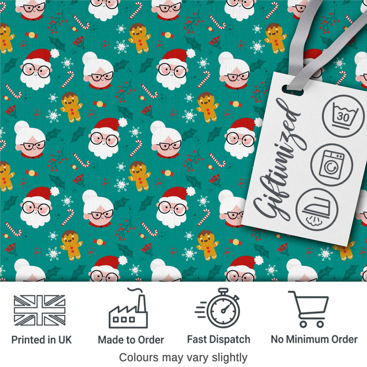 Cute Santa Mrs Claus Gingerbread Seamless Pattern Digital Print Fabric by the Metre UK Sewing Quilting Textile Christmas Family Design