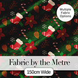 Cute Christmas Stocking Candy Cane Pinecone Seamless Pattern Digital Print Fabric by the Metre UK Sewing Quilting Textile Festive Green