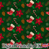 Cute Christmas Stocking Candy Cane Pinecone Seamless Pattern Digital Print Fabric by the Metre UK Sewing Quilting Textile Festive Green