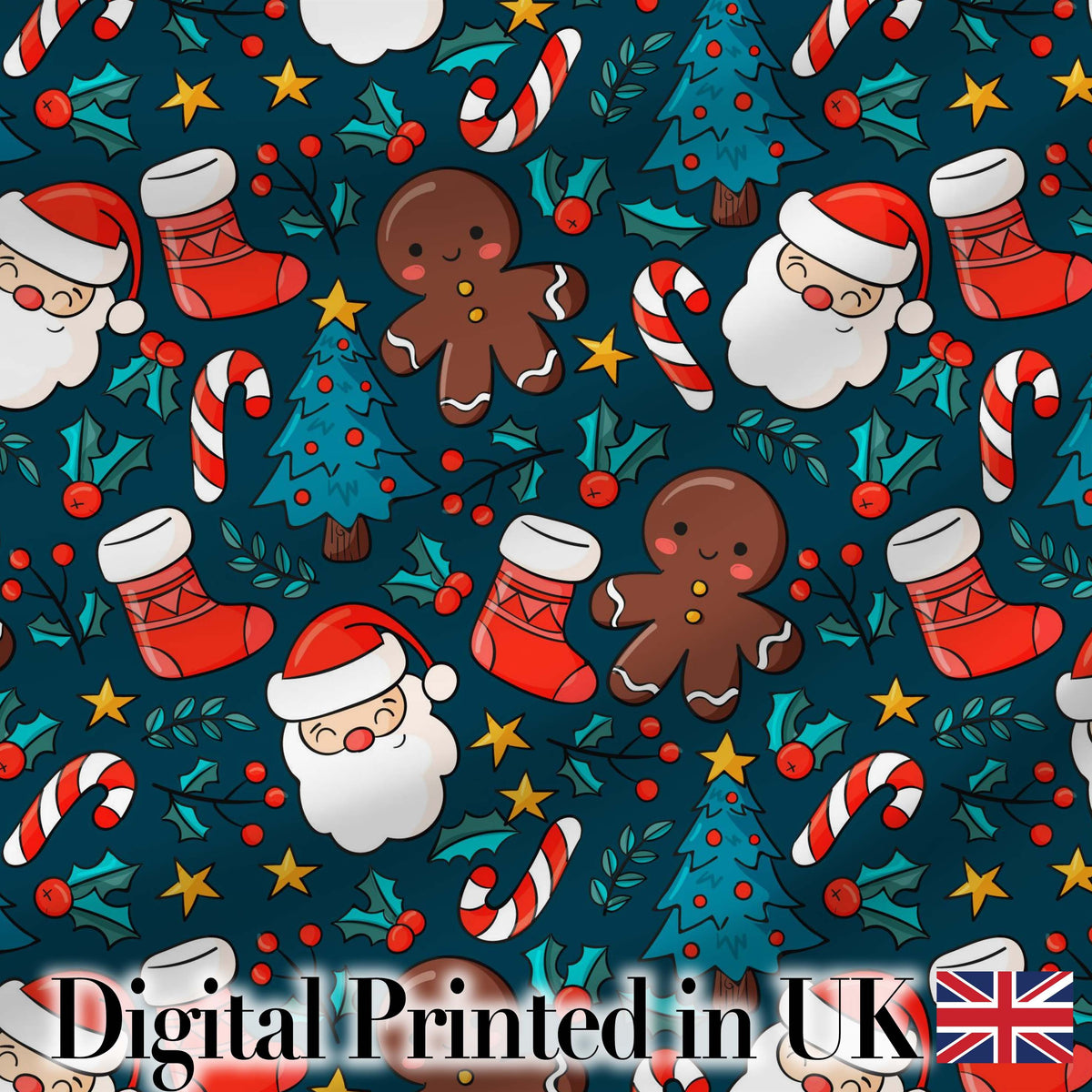 Cute Gingerbread Santa Tree Candy Cane Seamless Pattern Digital Print Fabric by the Metre UK Sewing Quilting Textile Christmas Fabric