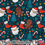 Cute Gingerbread Santa Tree Candy Cane Seamless Pattern Digital Print Fabric by the Metre UK Sewing Quilting Textile Christmas Fabric