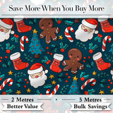 Cute Gingerbread Santa Tree Candy Cane Seamless Pattern Digital Print Fabric by the Metre UK Sewing Quilting Textile Christmas Fabric