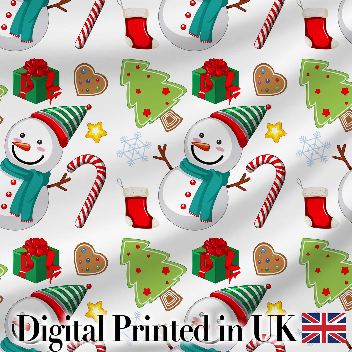 Cute Snowman Candy Cane Christmas Tree Gift Festive Seamless Pattern Digital Print Fabric by the Metre UK Sewing Quilting Textile