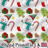 Cute Snowman Candy Cane Christmas Tree Gift Festive Seamless Pattern Digital Print Fabric by the Metre UK Sewing Quilting Textile