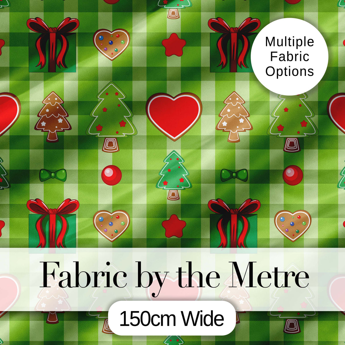 Cute Christmas Trees Hearts Gifts Green Plaid Seamless Pattern Digital Print Fabric by the Metre UK Sewing Quilting Textile