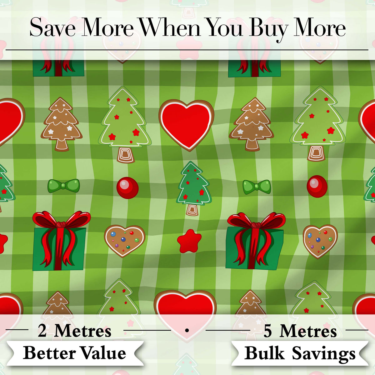 Cute Christmas Trees Hearts Gifts Green Plaid Seamless Pattern Digital Print Fabric by the Metre UK Sewing Quilting Textile