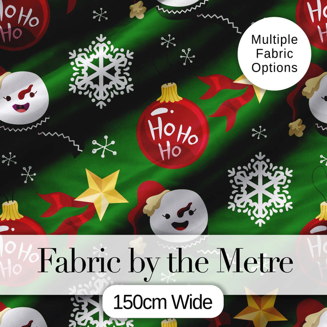 Cute Snowman Ho Ho Baubles Stars Festive Holiday Seamless Pattern Digital Print Fabric by the Metre UK Sewing Quilting Textile