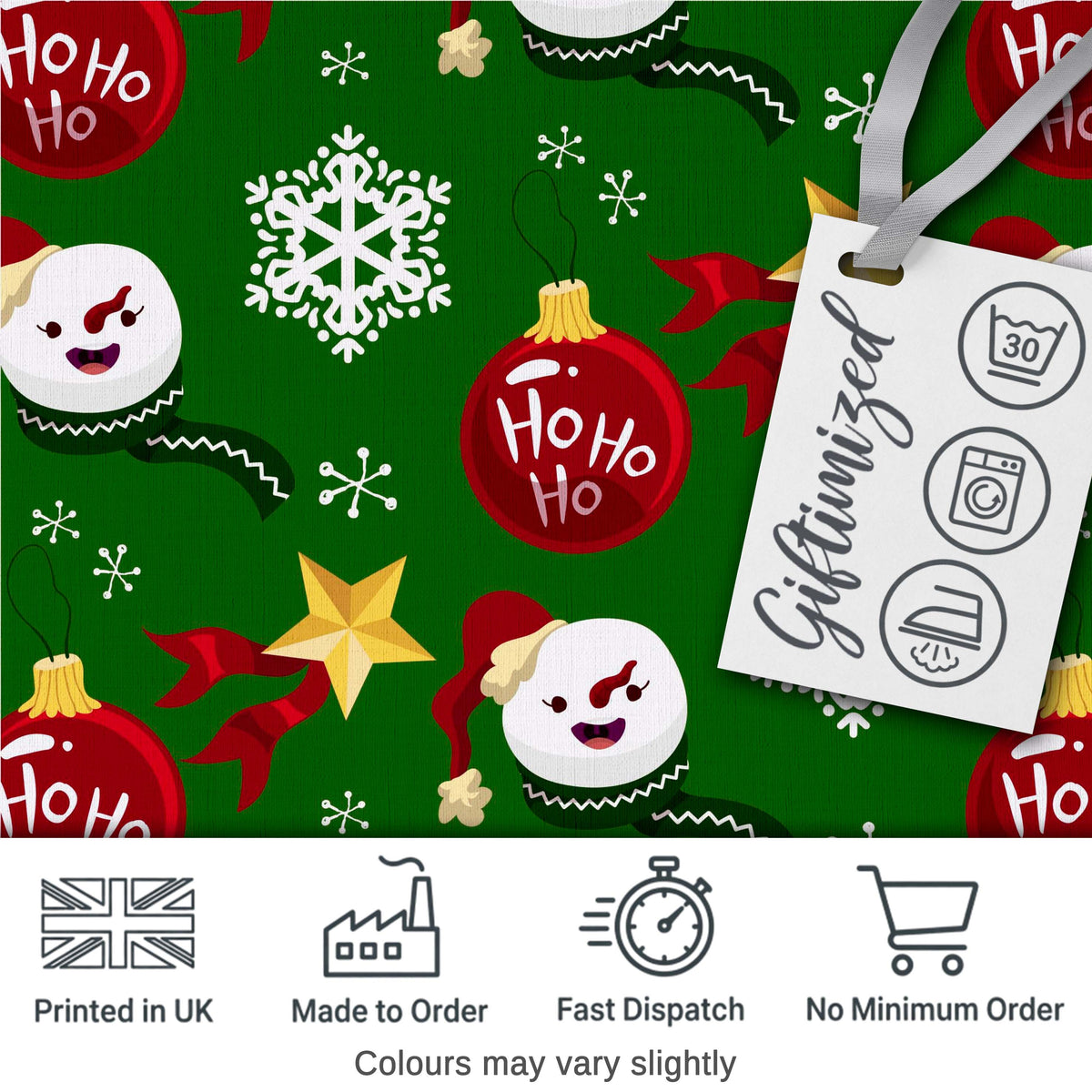 Cute Snowman Ho Ho Baubles Stars Festive Holiday Seamless Pattern Digital Print Fabric by the Metre UK Sewing Quilting Textile