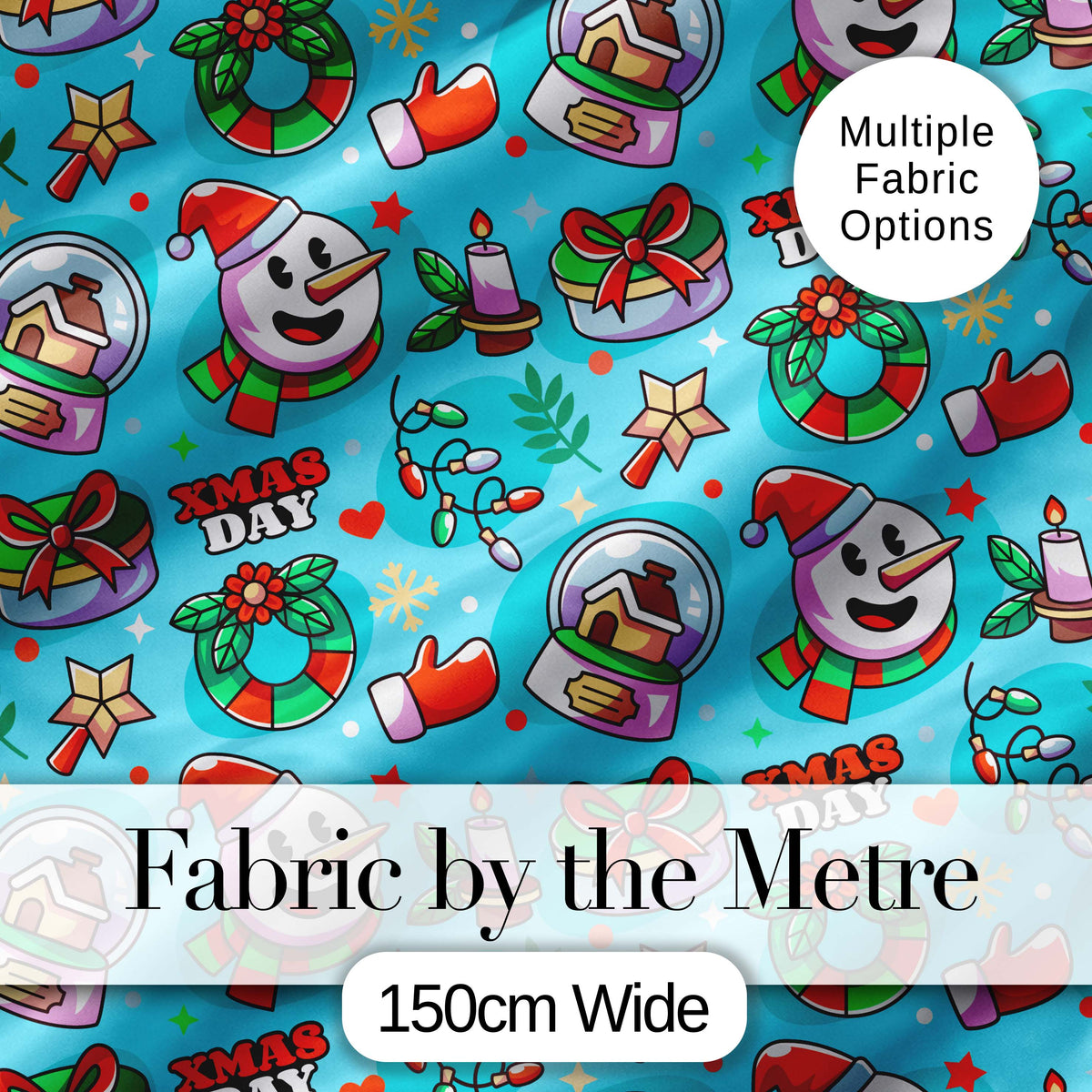 Cute Snowman Xmas Day Wreath Gifts Festive Seamless Pattern Digital Print Fabric by the Metre UK Sewing Quilting Textile