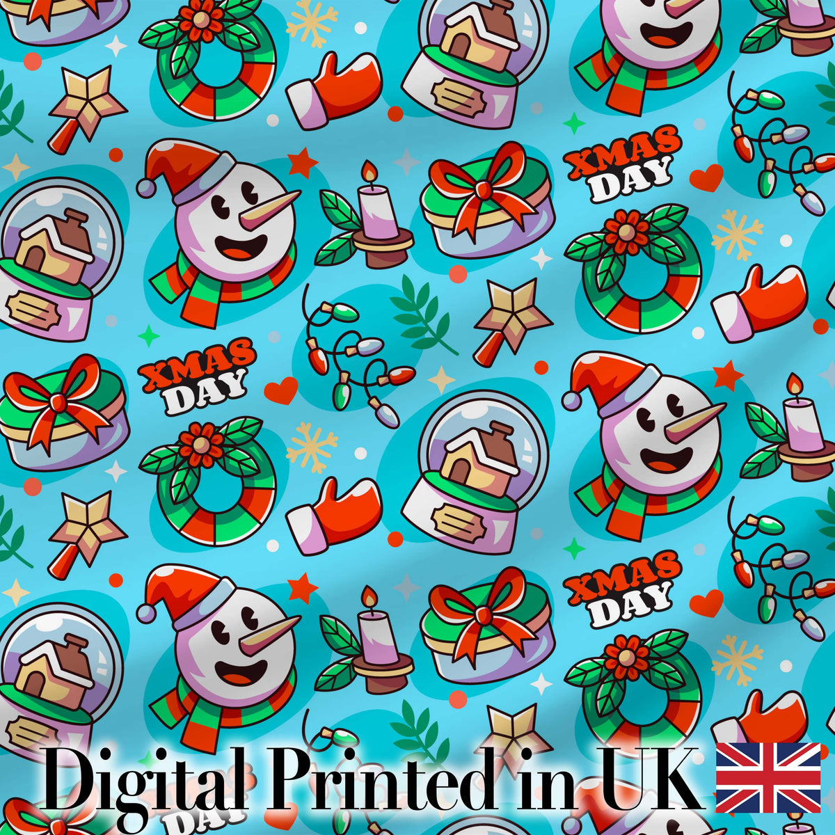 Cute Snowman Xmas Day Wreath Gifts Festive Seamless Pattern Digital Print Fabric by the Metre UK Sewing Quilting Textile