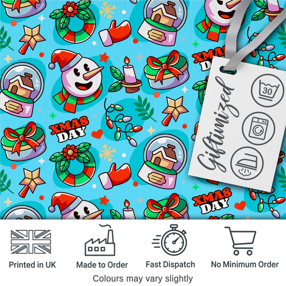 Cute Snowman Xmas Day Wreath Gifts Festive Seamless Pattern Digital Print Fabric by the Metre UK Sewing Quilting Textile