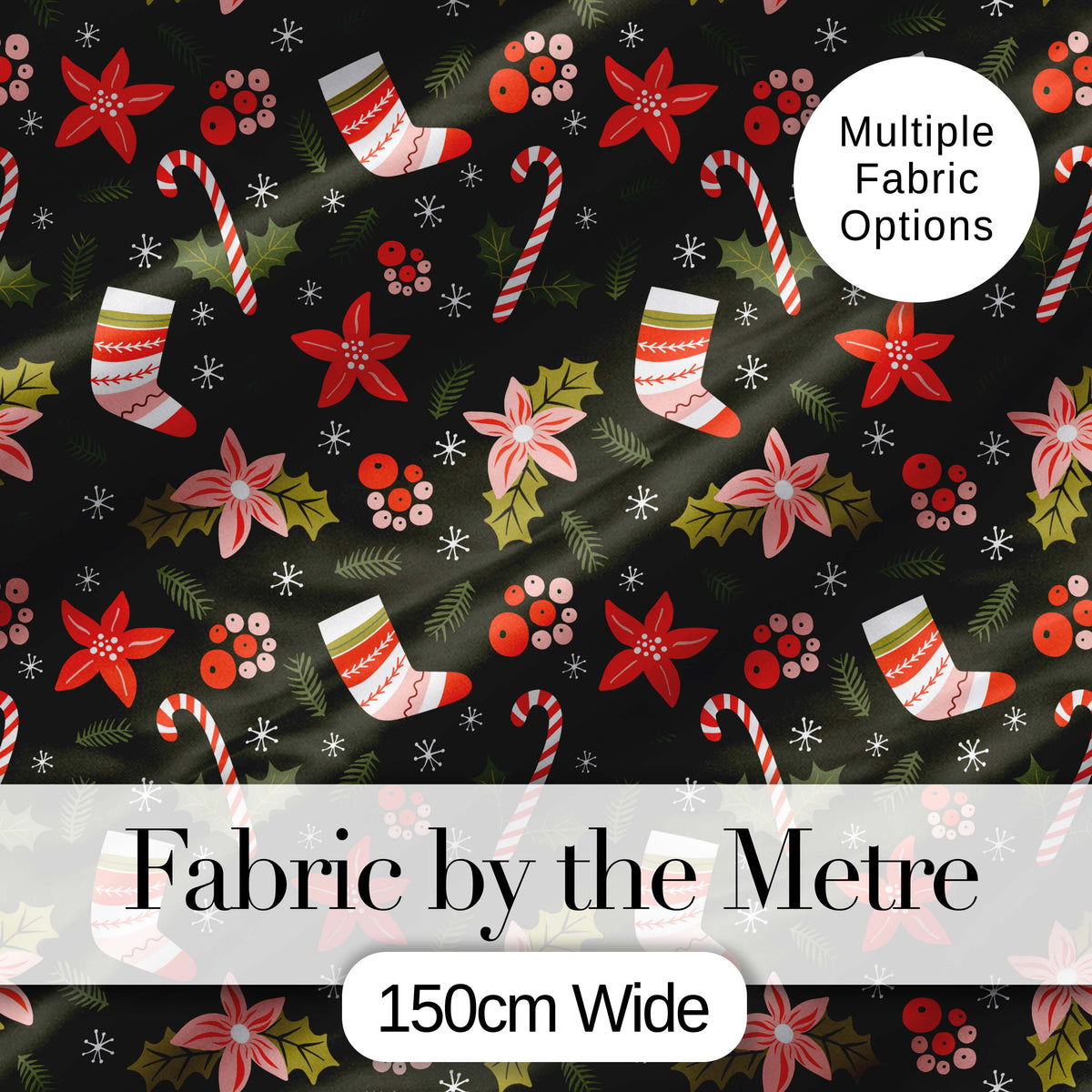 Cute Christmas Stockings Candy Canes Holly Floral Seamless Pattern Digital Print Fabric by the Metre UK Sewing Quilting Textile