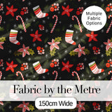 Cute Christmas Stockings Candy Canes Holly Floral Seamless Pattern Digital Print Fabric by the Metre UK Sewing Quilting Textile