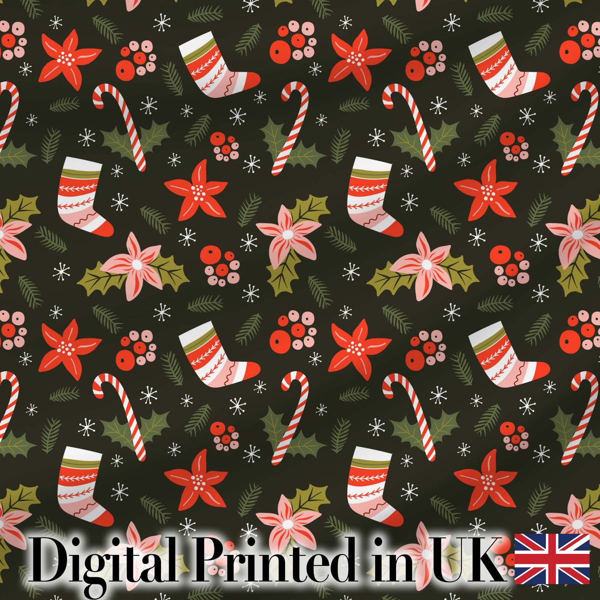 Cute Christmas Stockings Candy Canes Holly Floral Seamless Pattern Digital Print Fabric by the Metre UK Sewing Quilting Textile