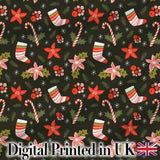 Cute Christmas Stockings Candy Canes Holly Floral Seamless Pattern Digital Print Fabric by the Metre UK Sewing Quilting Textile