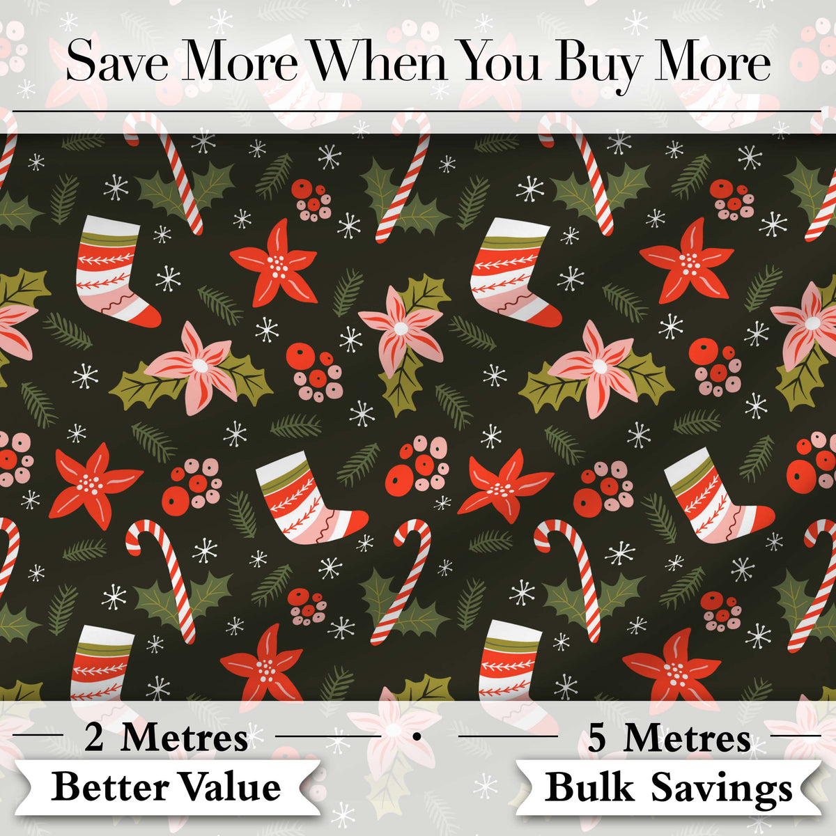 Cute Christmas Stockings Candy Canes Holly Floral Seamless Pattern Digital Print Fabric by the Metre UK Sewing Quilting Textile