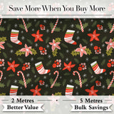 Cute Christmas Stockings Candy Canes Holly Floral Seamless Pattern Digital Print Fabric by the Metre UK Sewing Quilting Textile