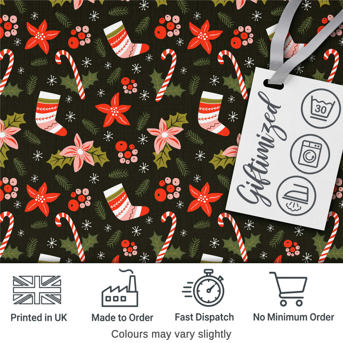 Cute Christmas Stockings Candy Canes Holly Floral Seamless Pattern Digital Print Fabric by the Metre UK Sewing Quilting Textile