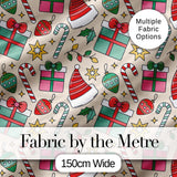 Cute Christmas Gifts Candy Canes Baubles Santa Hat Festive Seamless Pattern Digital Print Fabric by the Metre UK Sewing Quilting Textile