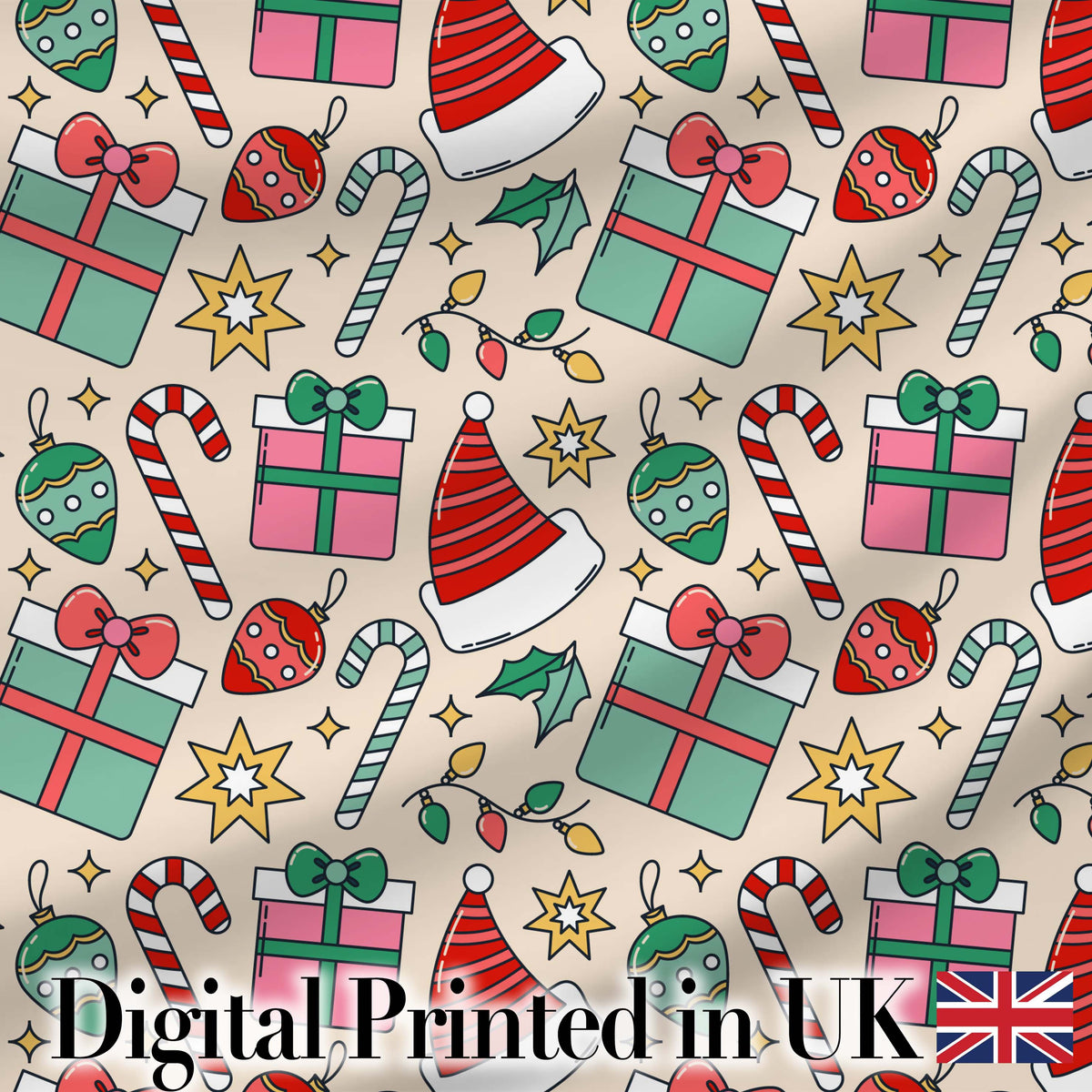 Cute Christmas Gifts Candy Canes Baubles Santa Hat Festive Seamless Pattern Digital Print Fabric by the Metre UK Sewing Quilting Textile