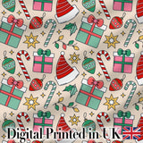 Cute Christmas Gifts Candy Canes Baubles Santa Hat Festive Seamless Pattern Digital Print Fabric by the Metre UK Sewing Quilting Textile