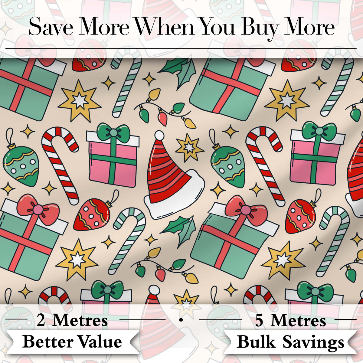 Cute Christmas Gifts Candy Canes Baubles Santa Hat Festive Seamless Pattern Digital Print Fabric by the Metre UK Sewing Quilting Textile