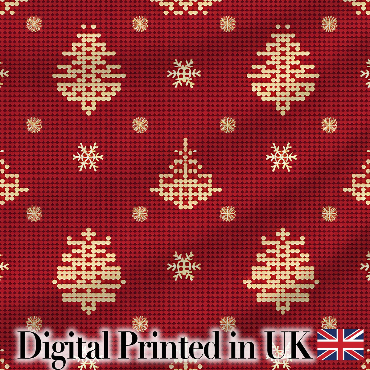 Cute Red Knitted Christmas Tree Snowflake Nordic Seamless Pattern Digital Print Fabric by the Metre UK Sewing Quilting Textile