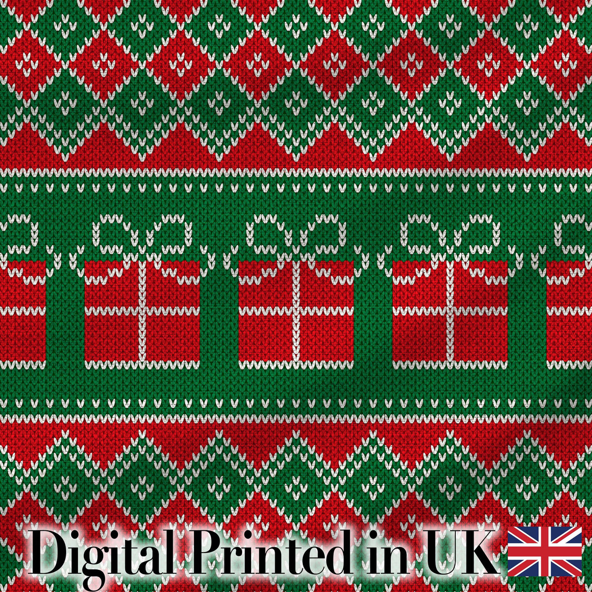 Cute Green Red Knitted Gift Box Nordic Christmas Seamless Pattern Digital Print Fabric by the Metre UK Sewing Quilting Textile