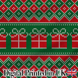 Cute Green Red Knitted Gift Box Nordic Christmas Seamless Pattern Digital Print Fabric by the Metre UK Sewing Quilting Textile