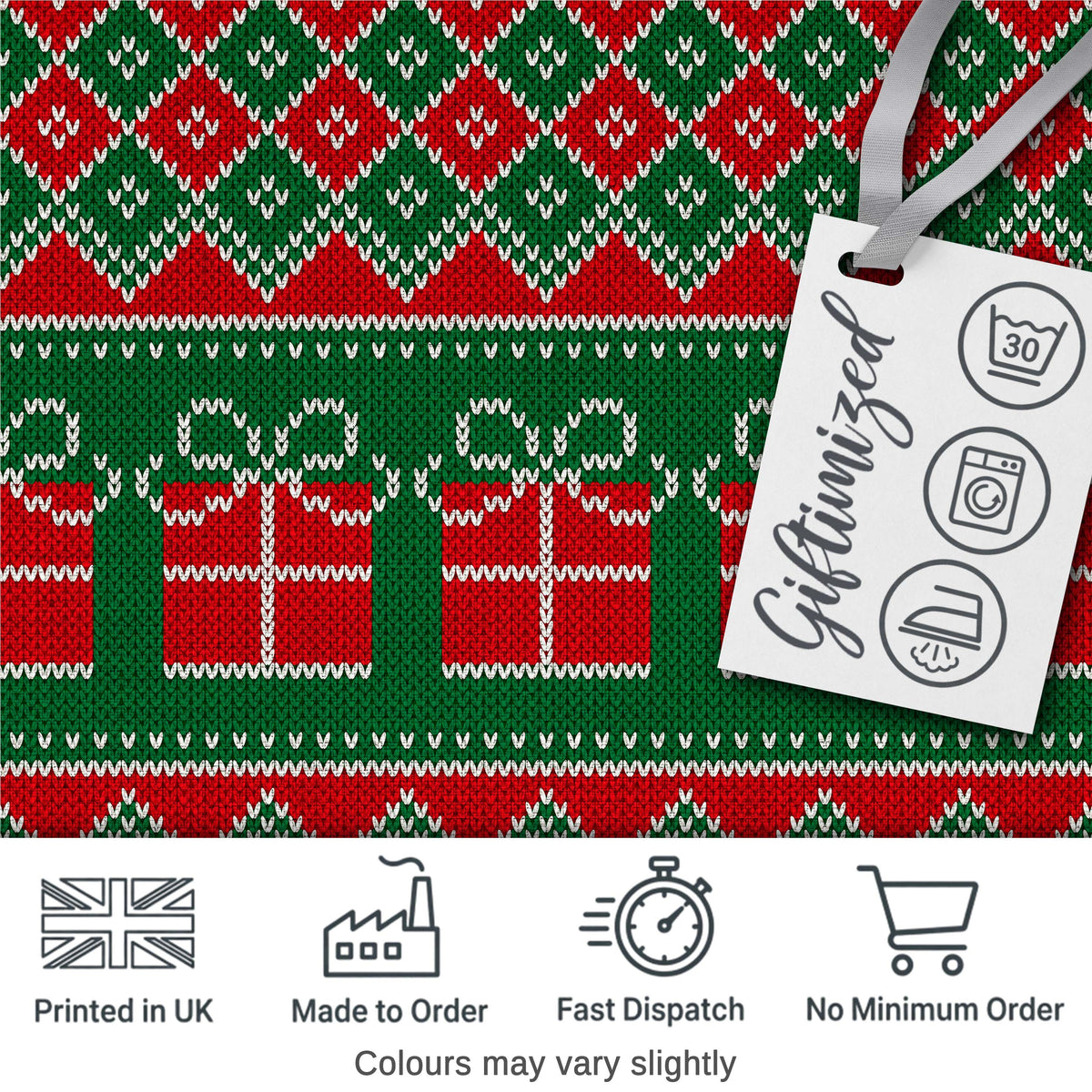 Cute Green Red Knitted Gift Box Nordic Christmas Seamless Pattern Digital Print Fabric by the Metre UK Sewing Quilting Textile