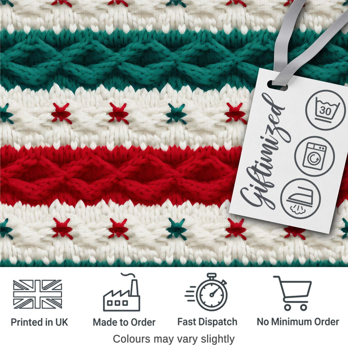 Cute Festive Knitted Texture Red Green White Cozy Seamless Pattern Digital Print Fabric by the Metre UK Sewing Quilting Textile