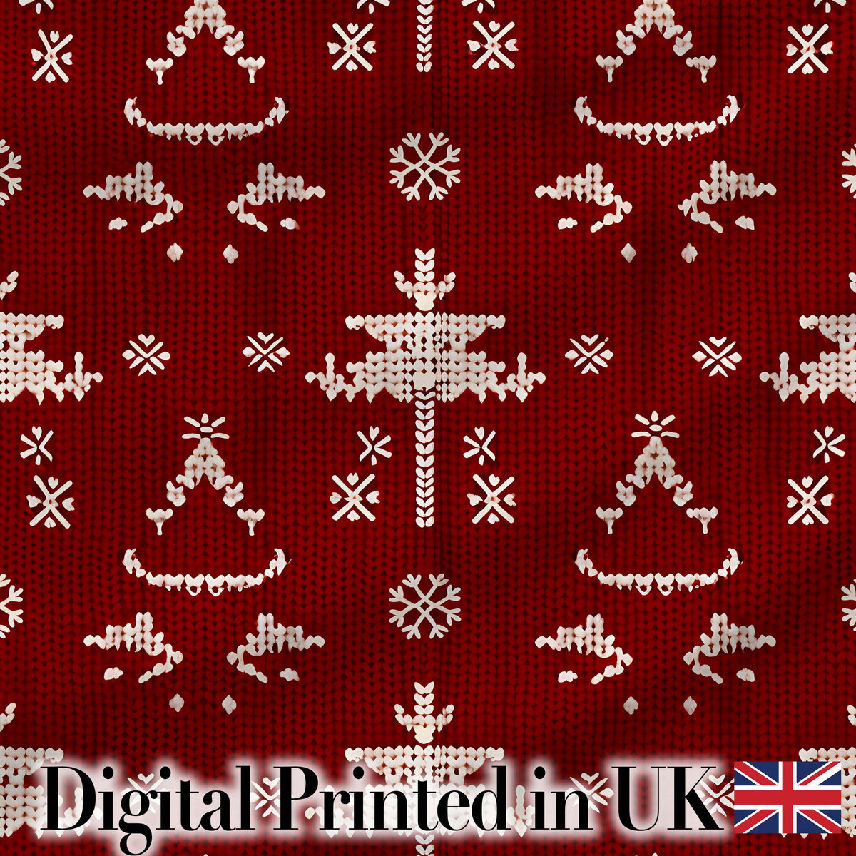 Cute Nordic Knitted Christmas Tree Snowflake Red Seamless Pattern Digital Print Fabric by the Metre UK Sewing Quilting Textile