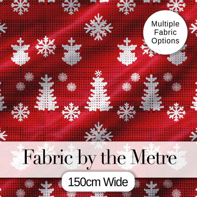 Cute Red Knitted Christmas Tree Snowflake Nordic Festive Seamless Pattern Digital Print Fabric by the Metre UK Sewing Quilting Textile