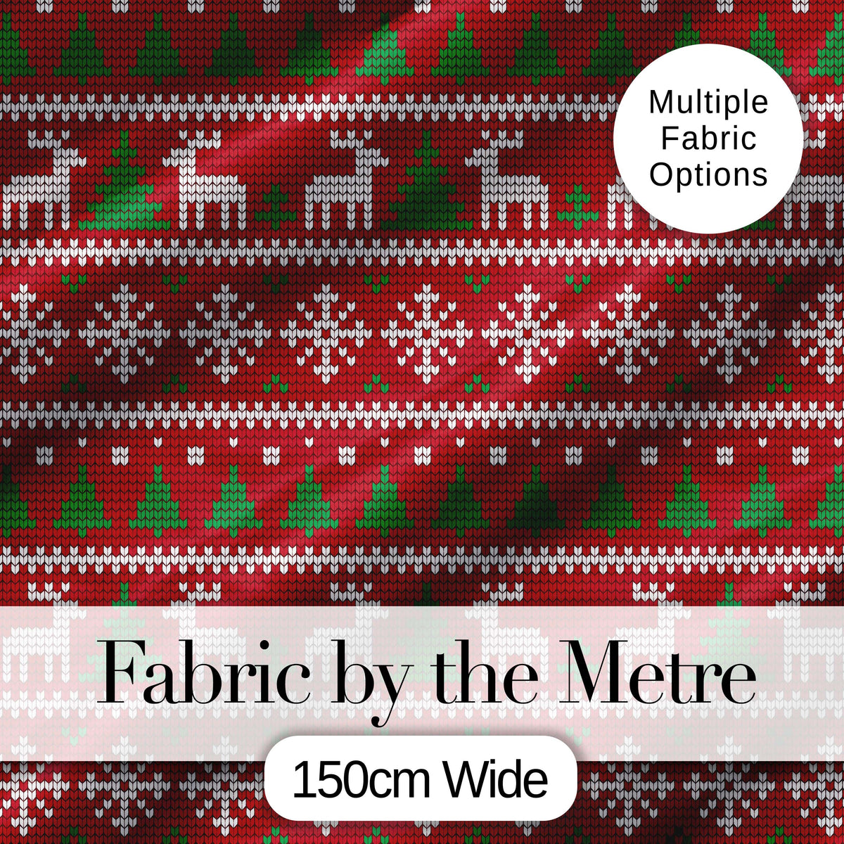 Cute Red Nordic Reindeer Snowflake Christmas Tree Knitted Seamless Pattern Digital Print Fabric by the Metre UK Sewing Quilting Textile