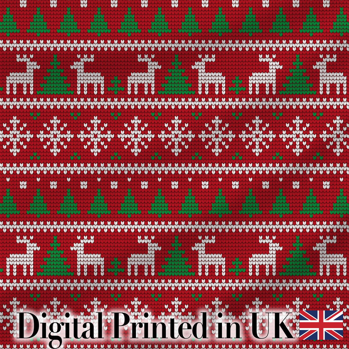 Cute Red Nordic Reindeer Snowflake Christmas Tree Knitted Seamless Pattern Digital Print Fabric by the Metre UK Sewing Quilting Textile