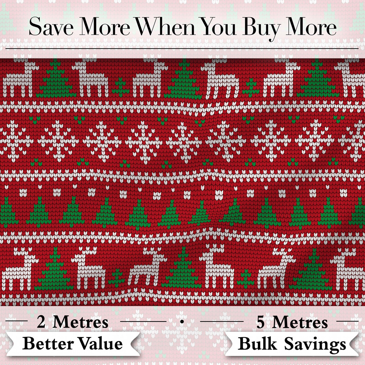 Cute Red Nordic Reindeer Snowflake Christmas Tree Knitted Seamless Pattern Digital Print Fabric by the Metre UK Sewing Quilting Textile