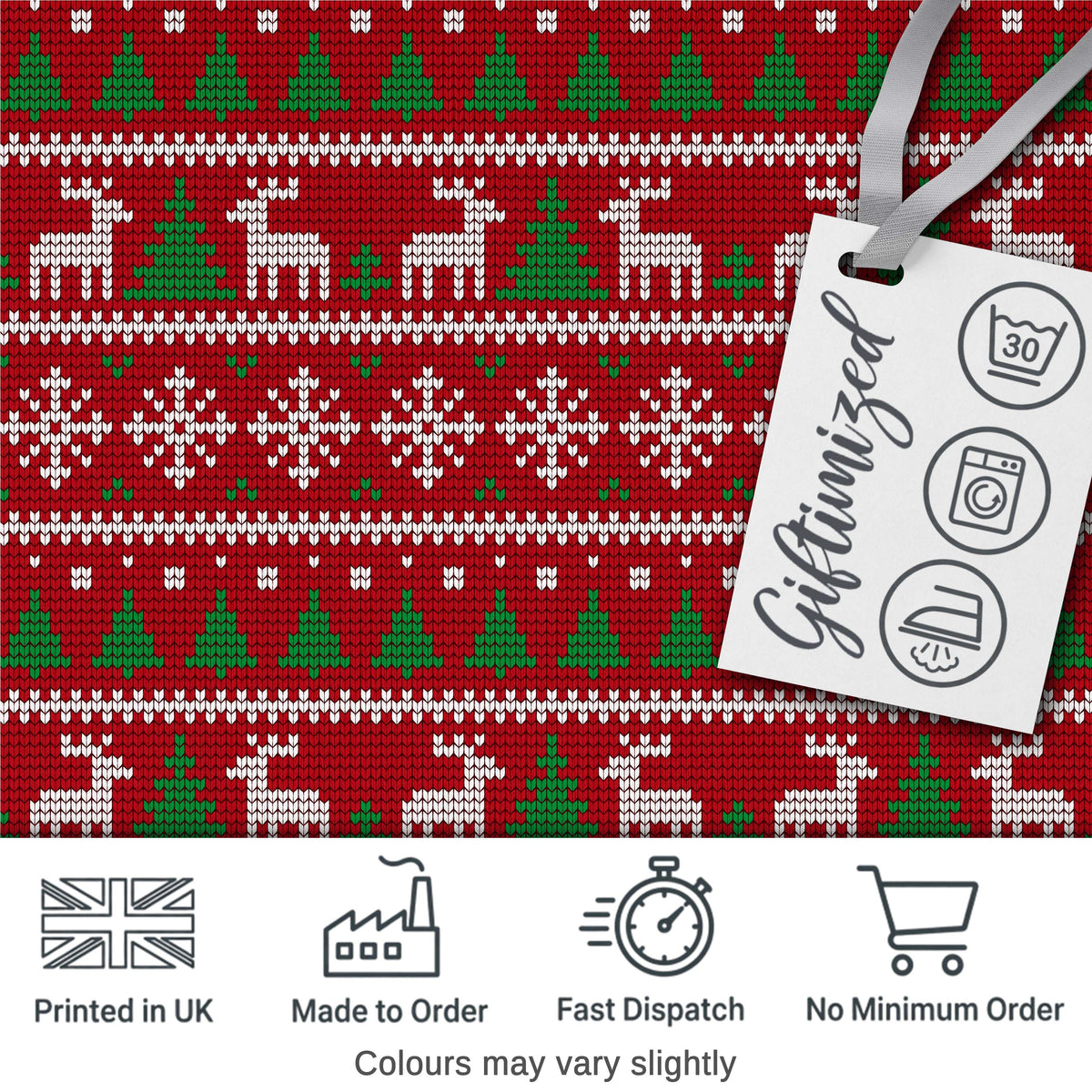 Cute Red Nordic Reindeer Snowflake Christmas Tree Knitted Seamless Pattern Digital Print Fabric by the Metre UK Sewing Quilting Textile
