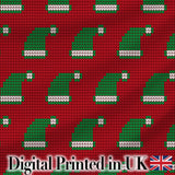Cute Red Green Christmas Hat Festive Knitted Seamless Pattern Digital Print Fabric by the Metre UK Sewing Quilting Textile