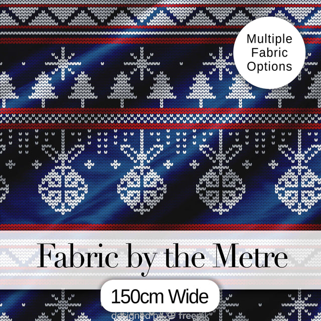 Cute Blue Nordic Ornament Snowflake Winter Knitted Seamless Pattern Digital Print Fabric by the Metre UK Sewing Quilting Textile