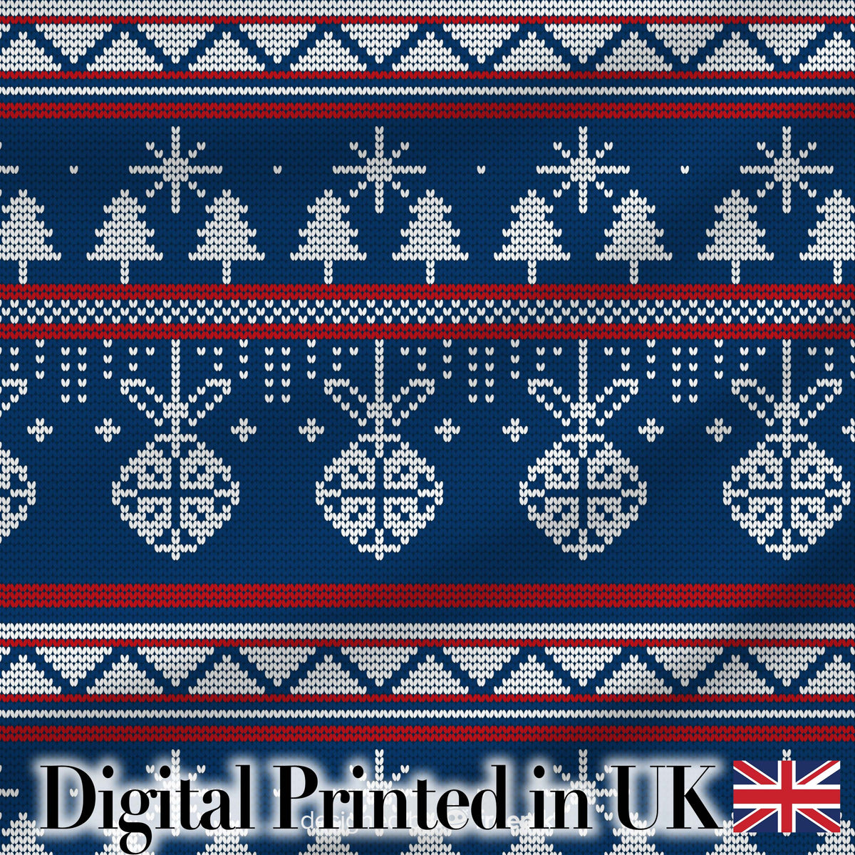 Cute Blue Nordic Ornament Snowflake Winter Knitted Seamless Pattern Digital Print Fabric by the Metre UK Sewing Quilting Textile