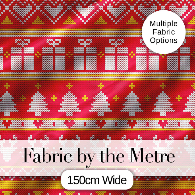 Cute Red Christmas Gift Box Heart Tree Festive Knitted Seamless Pattern Digital Print Fabric by the Metre UK Sewing Quilting Textile