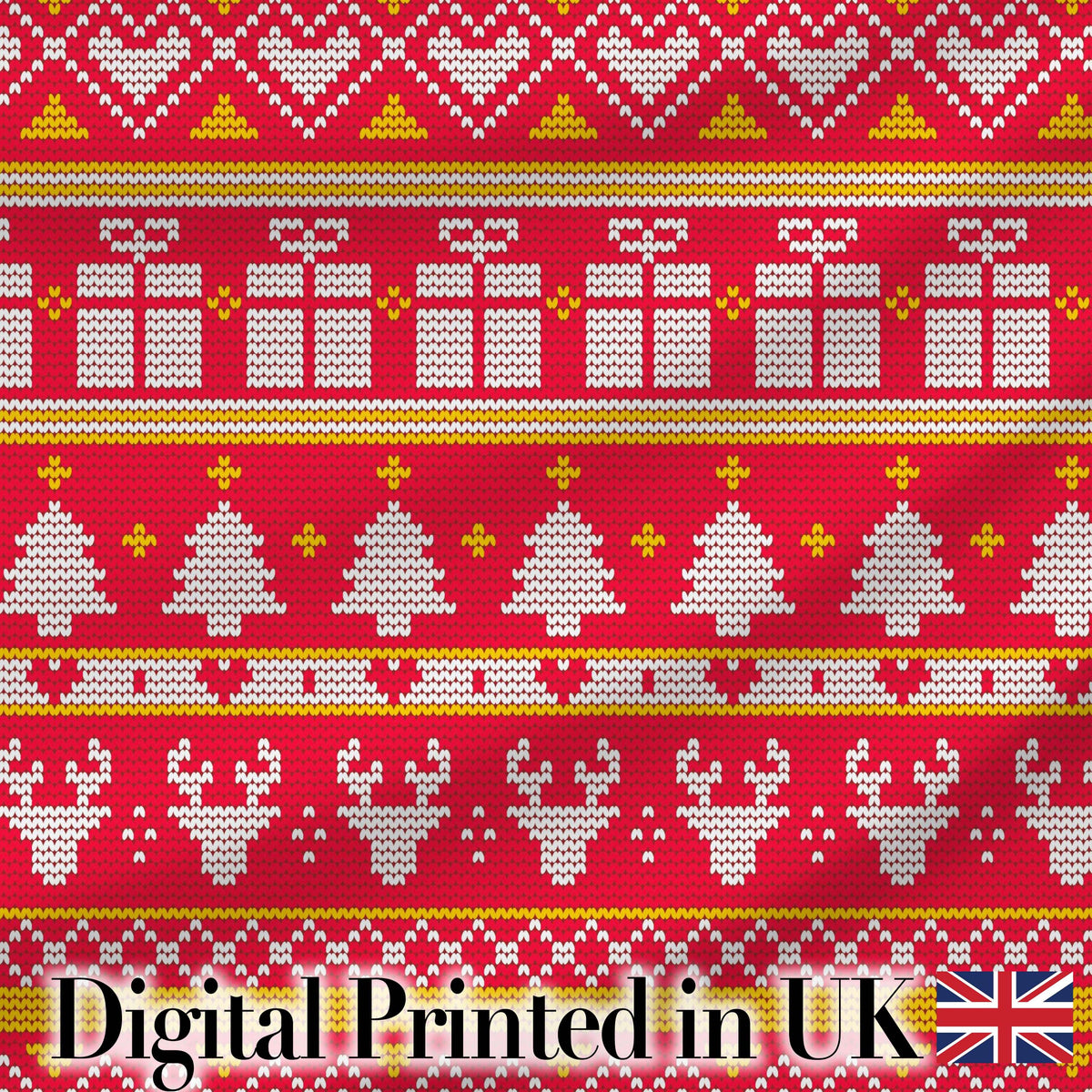 Cute Red Christmas Gift Box Heart Tree Festive Knitted Seamless Pattern Digital Print Fabric by the Metre UK Sewing Quilting Textile