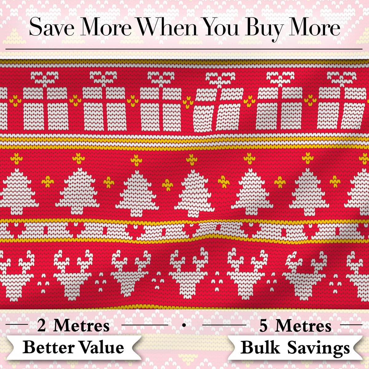 Cute Red Christmas Gift Box Heart Tree Festive Knitted Seamless Pattern Digital Print Fabric by the Metre UK Sewing Quilting Textile