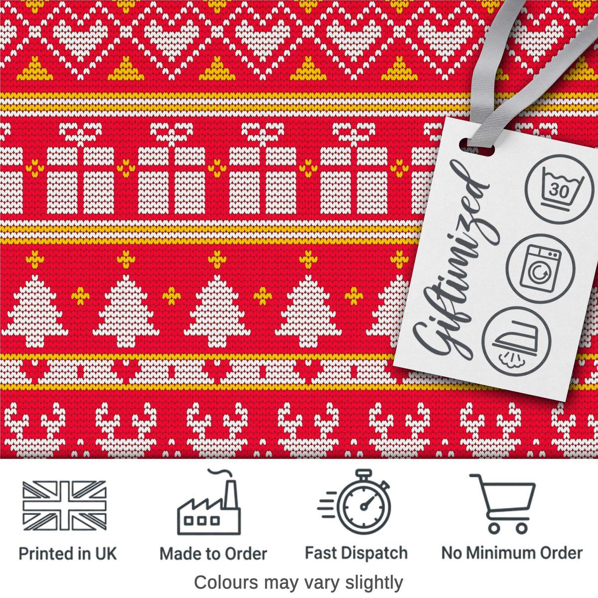 Cute Red Christmas Gift Box Heart Tree Festive Knitted Seamless Pattern Digital Print Fabric by the Metre UK Sewing Quilting Textile